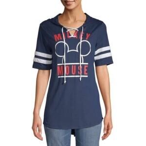 Disney Hoodie Shirt Top Mickey Juniors XXL Blue Stretch Short Sleeve Nautical